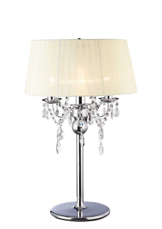 Diyas IL30062 Olivia Table Lamp With Ivory Cream Shade 3 Light Polished Chrome/Crystal - 37932