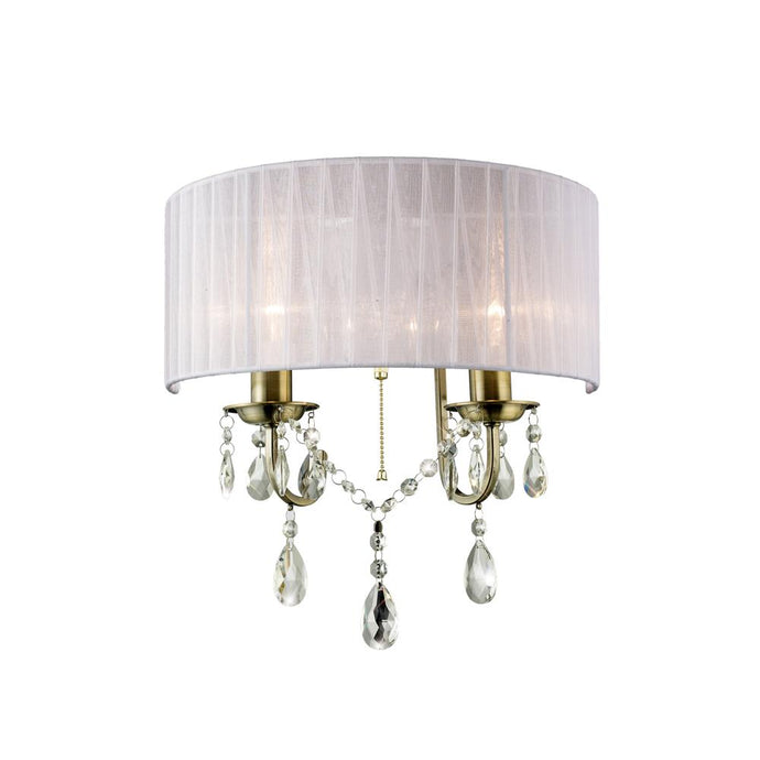 Diyas IL30064 Olivia Wall Lamp Switched With White Shade 2 Light Antique Brass/Crystal - 37942