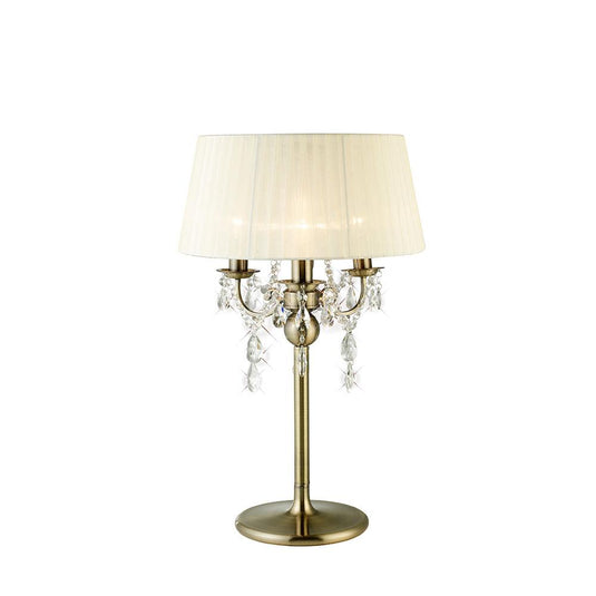 Diyas IL30065 Olivia Table Lamp With Cream Shade 3 Light Antique Brass/Crystal - 37944