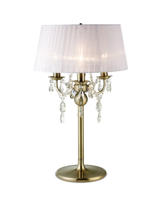 Diyas IL30065 Olivia Table Lamp With White Shade 3 Light Antique Brass/Crystal - 37946