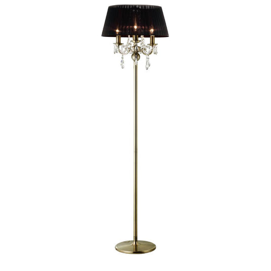 Diyas IL30066 Olivia Floor Lamp With Black Shade 3 Light Antique Brass/Crystal - 37947