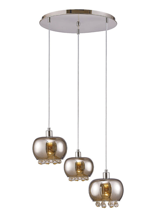Diyas IL31601 Pandora Pendant 3 Light E14 Round Mirrored Glass/Polished Chrome/Clear Glass - 38421