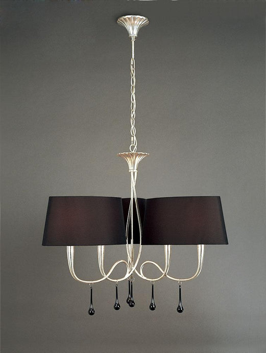 Mantra M0530 Paola Pendant 3 Arm 6 Light E14, Silver Painted With Black Shades & Black Glass Droplets