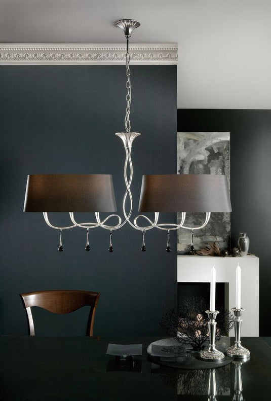 Mantra M0531 Paola Pendant 2 Arm 6 Light E14, Silver Painted With Black Shades & Black Glass Droplets