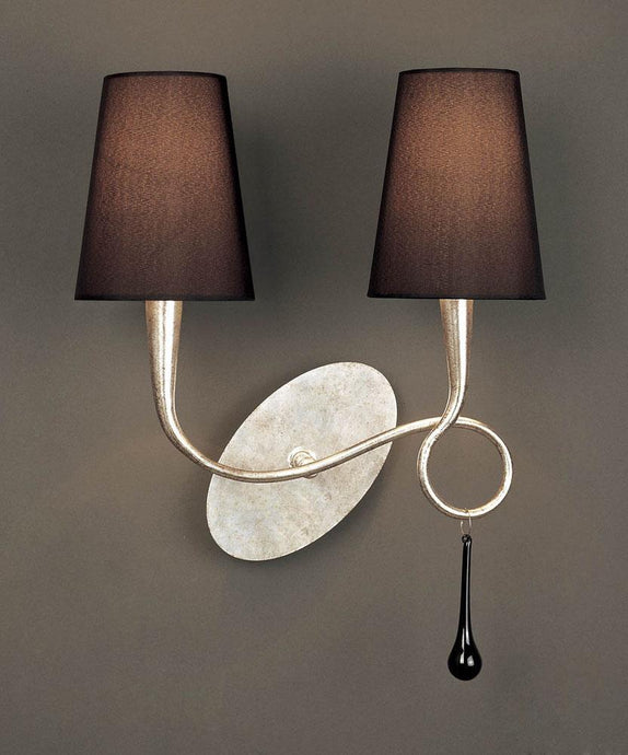 Mantra M0537/S Paola Wall Lamp Switched 2 Light E14, Silver Painted With Black Shades & Black Glass Droplets
