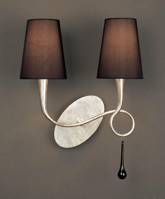 Mantra M0537/S Paola Wall Lamp Switched 2 Light E14, Silver Painted With Black Shades & Black Glass Droplets