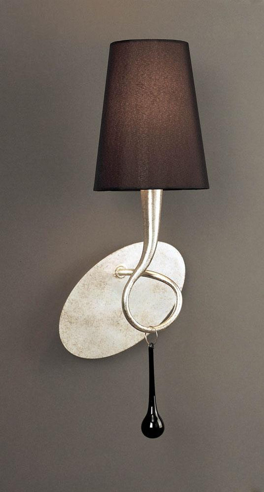 Mantra M0538/S Paola Wall Lamp Switched 1 Light E14, Silver Painted With Black Shade & Black Glass Droplets