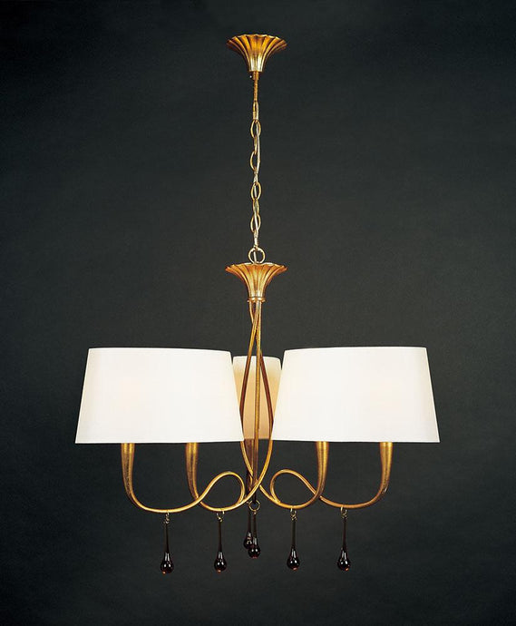 Mantra M0540 Paola Pendant 3 Arm 6 Light E14, Gold Painted With Cream Shades & Amber Glass Droplets