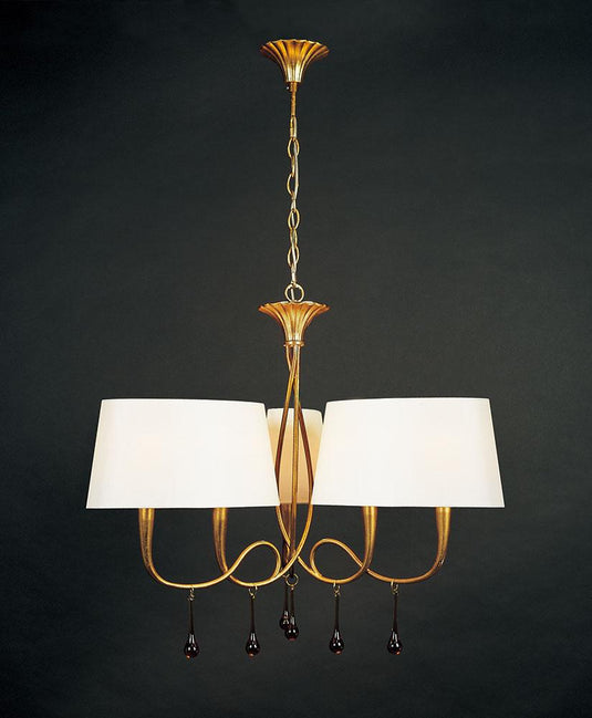 Mantra M0540 Paola Pendant 3 Arm 6 Light E14, Gold Painted With Cream Shades & Amber Glass Droplets