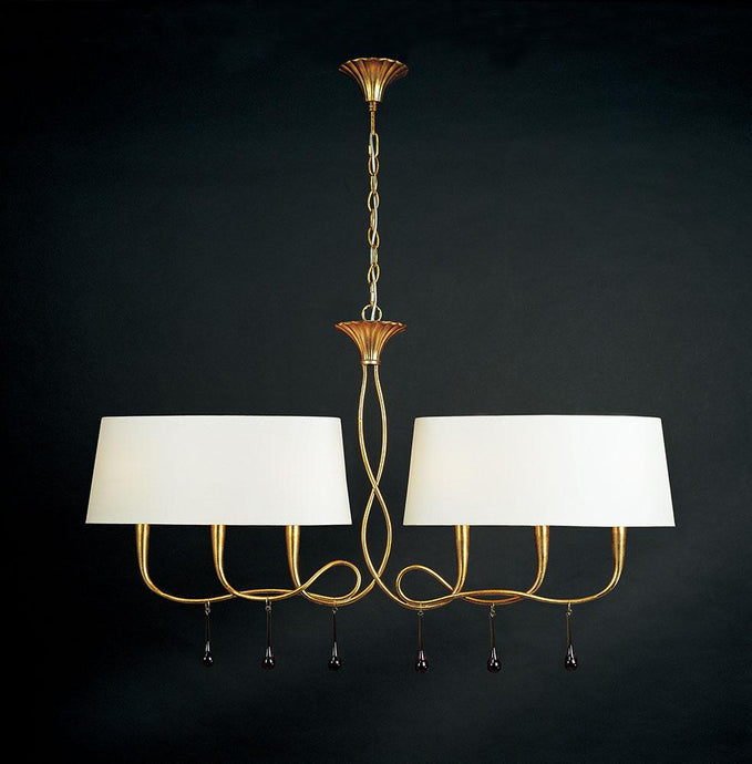 Mantra M0541 Paola Pendant 2 Arm 6 Light E14, Gold Painted With Cream Shades & Amber Glass Droplets