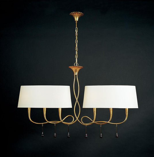 Mantra M0541 Paola Pendant 2 Arm 6 Light E14, Gold Painted With Cream Shades & Amber Glass Droplets