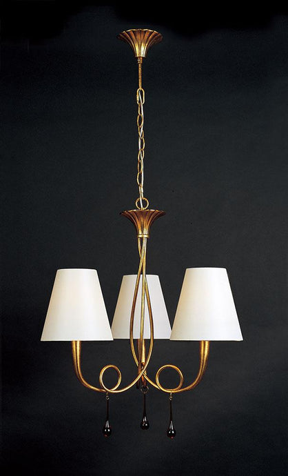 Mantra M0542 Paola Pendant 3 Light E14, Gold Painted With Cream Shades & Amber Glass Droplets