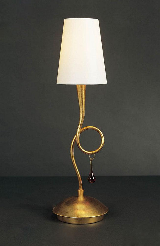 Mantra M0545 Paola Table Lamp 1 Light E14, Gold Painted With Cream Shade & Amber Glass Droplets