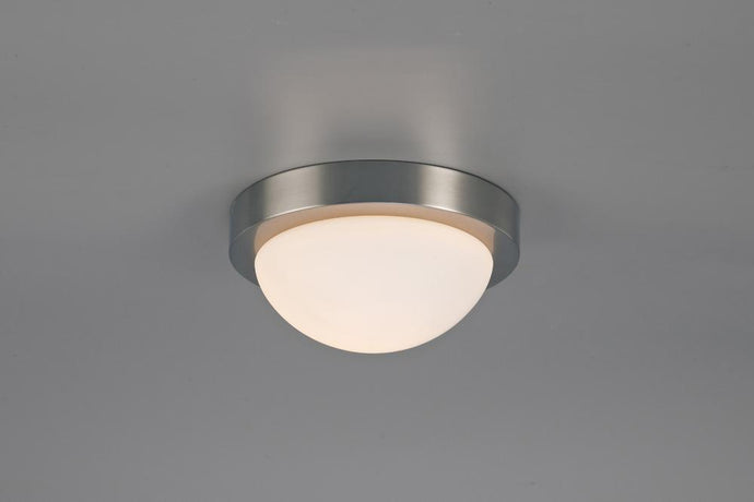 Deco D0395 Porter IP44 1 Light E27 Small Flush Ceiling Light, Satin Nickel With Opal White Glass