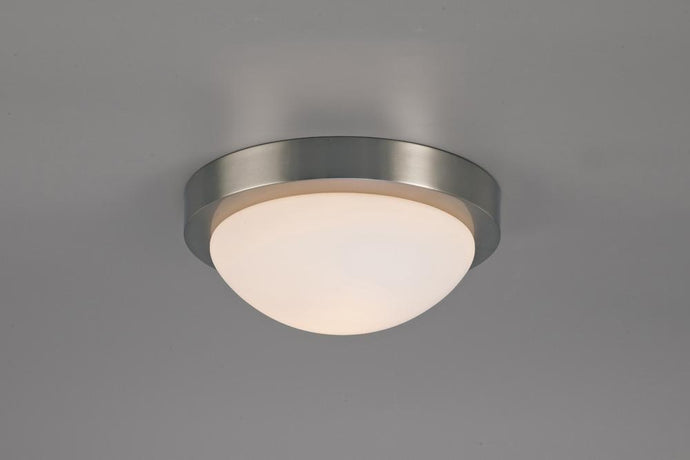 Deco D0396 Porter IP44 1 Light E27 Medium Flush Ceiling Light, Satin Nickel With Opal White Glass