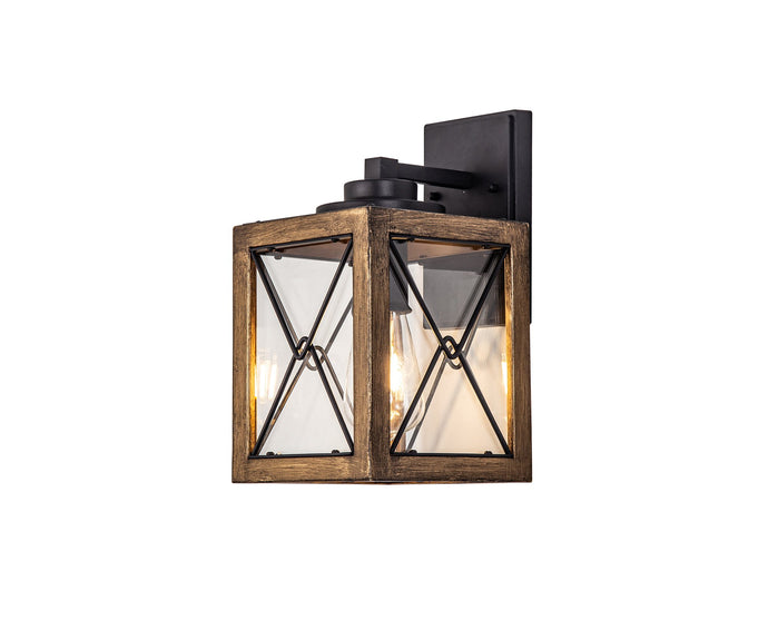 C-Lighting Regis Small Wall Lamp, 1 x E27, Wood Effect & Black/Clear Glass, IP54, 2yrs Warranty - 33265