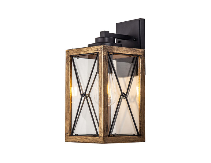 C-Lighting Regis Large Wall Lamp, 1 x E27, Wood Effect & Black/Clear Glass, IP54, 2yrs Warranty - 33266