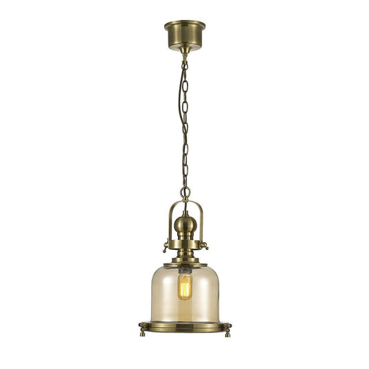 Diyas IL31593 Riley Single Small Bell Pendant 1 Light E27 Antique Brass/Cognac Glass - 23635
