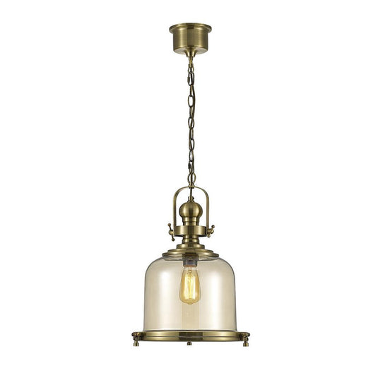 Diyas IL31594 Riley Single Medium Bell Pendant 1 Light E27 Antique Brass/Cognac Glass - 24716