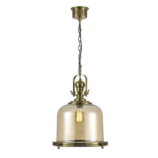 Diyas IL31595 Riley Single Large Bell Pendant 1 Light E27 Antique Brass/Cognac Glass - 25388