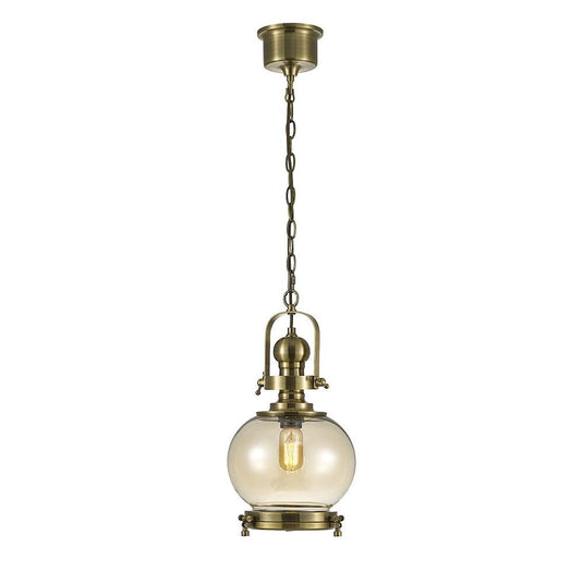 Diyas IL31596 Riley Single Small Ball Pendant 1 Light E27 Antique Brass/Cognac Glass - 38418