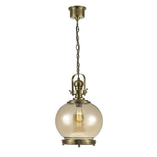 Diyas IL31597 Riley Single Medium Ball Pendant 1 Light E27 Antique Brass/Cognac Glass - 38419