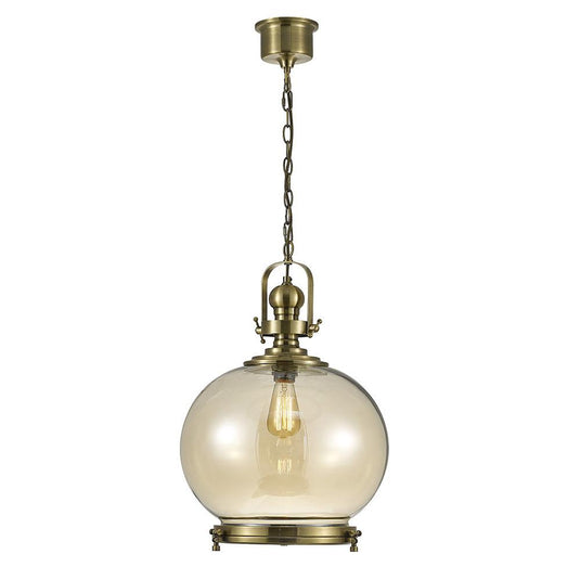 Diyas IL31598 Riley Single Large Ball Pendant 1 Light E27 Antique Brass/Cognac Glass - 25190