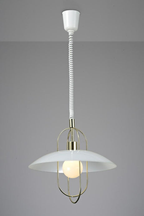 Deco D0266 Riva Rise & Fall Pendant 1 Light E27, Polished Brass/Opal White Glass Shade