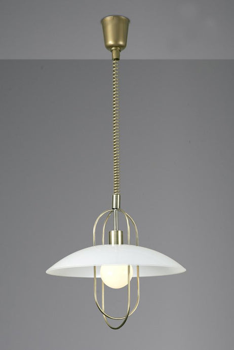 Deco D0267 Riva Rise & Fall Pendant 1 Light E27, Antique Brass/Opal White Glass Shade