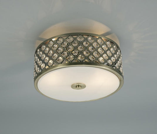 Deco D0412 Sasha 2 Light E14, Flush Ceiling Light, 300mm Round, Antique Brass With Crystal Glass And Opal Glass Diffuser