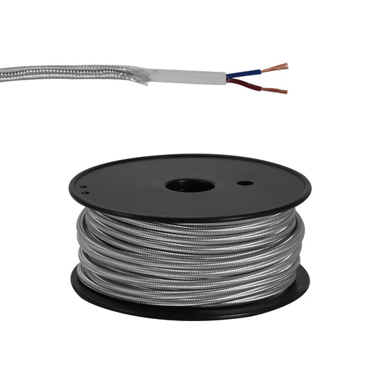C-Lighting Snave 25m Roll Silver Braided 2 Core 0.75mm Cable VDE Approved - 33119