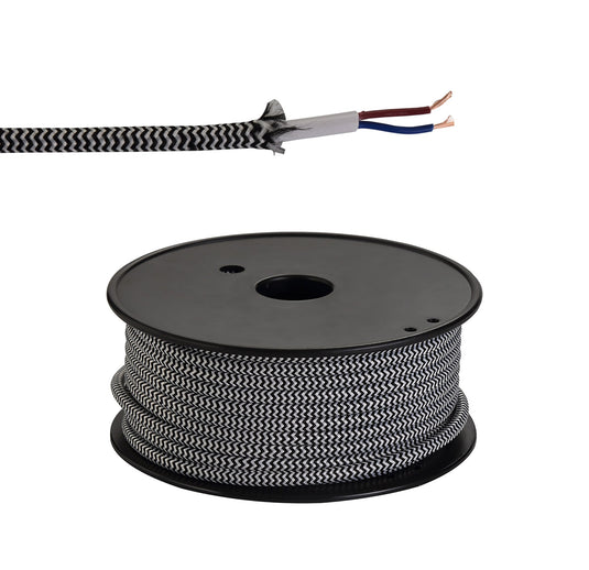 C-Lighting Snave 25m Roll Black & White Wave Stripes Braided 2 Core 0.75mm Cable VDE Approved - 33133