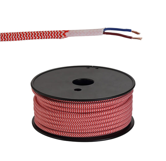 C-Lighting Snave 25m Roll Red & White Wave Stripes Braided 2 Core 0.75mm Cable VDE Approved - 33135