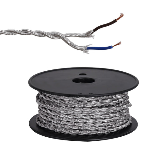 C-Lighting Snave 25m Roll Silver Braided Twisted 2 Core 0.75mm Cable VDE Approved - 33141