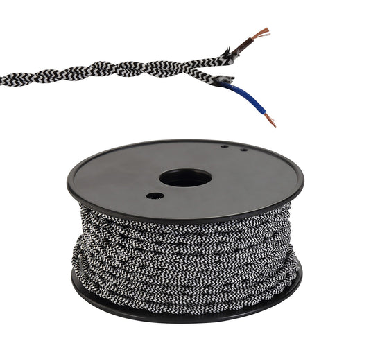 C-Lighting Snave 25m Roll Black & White Wave Stripe Braided Twisted 2 Core 0.75mm Cable VDE Approved - 33154
