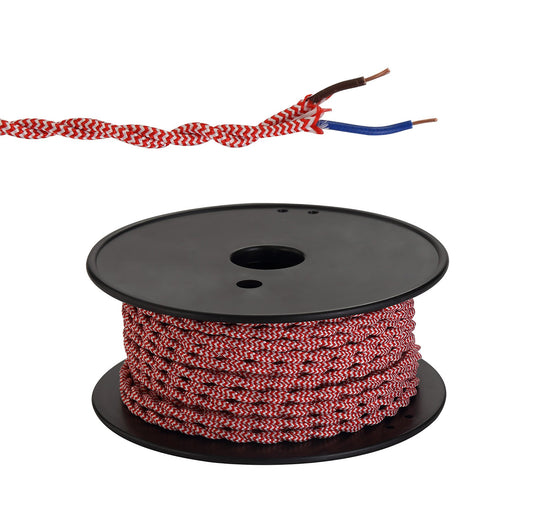 C-Lighting Snave 25m Roll Red & White Wave Stripe Braided Twisted 2 Core 0.75mm Cable VDE Approved - 33156