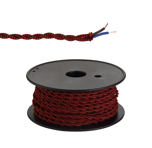 C-Lighting Snave 25m Roll Red & Black Wave Stripe Braided Twisted 2 Core 0.75mm Cable VDE Approved - 33157