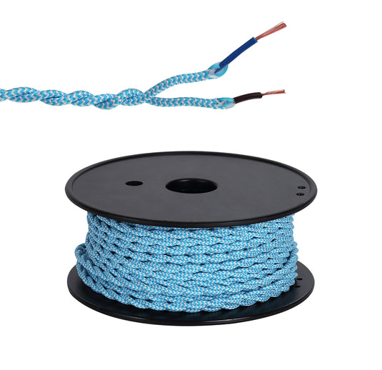 C-Lighting Snave 25m Roll Blue & White Wave Stripe Braided Twisted 2 Core 0.75mm Cable VDE Approved - 33158