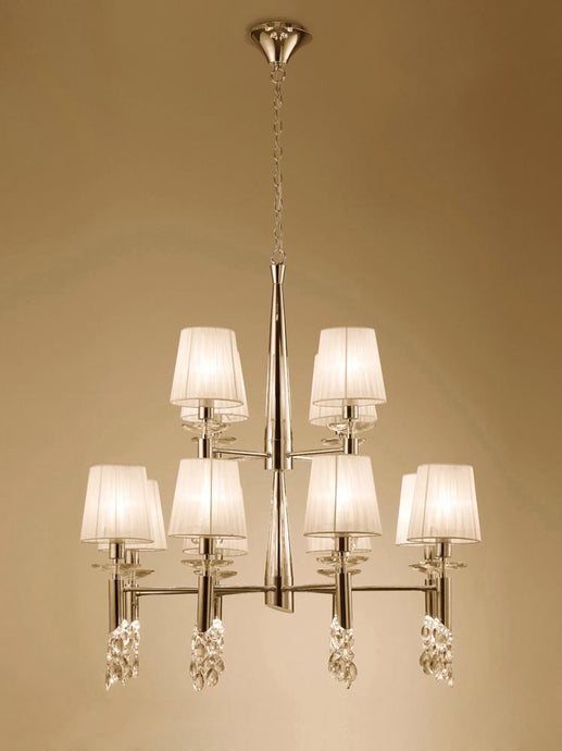 Mantra M3850FG Tiffany Pendant 2 Tier 12+12 Light E14+G9, French Gold With Cream Shades & Clear Crystal