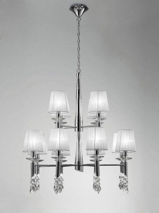 Mantra M3850 Tiffany Pendant 2 Tier 12+12 Light E14+G9, Polished Chrome With White Shades & Clear Crystal