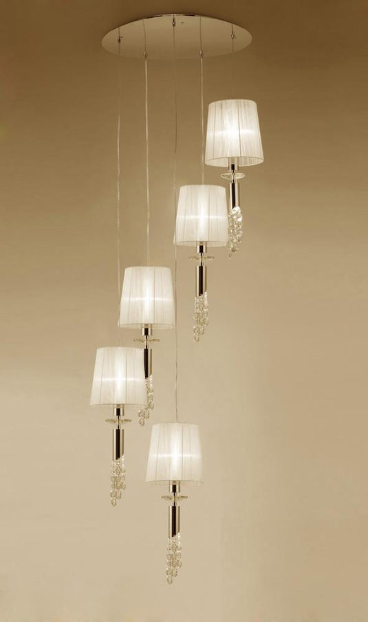 Mantra M3857FG Tiffany Pendant 5+5 Light E27+G9 Spiral, French Gold With Cream Shades & Clear Crystal