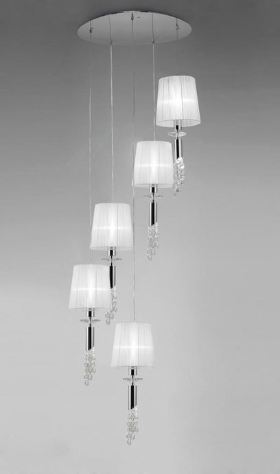 Mantra M3857 Tiffany Pendant 5+5 Light E27+G9 Spiral, Polished Chrome With White Shades & Clear Crystal