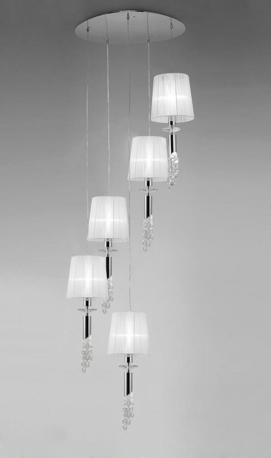 Mantra M3857 Tiffany Pendant 5+5 Light E27+G9 Spiral, Polished Chrome With White Shades & Clear Crystal