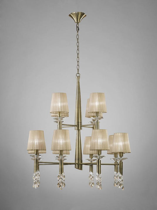 Mantra M3870 Tiffany Pendant 2 Tier 12+12 Light E14+G9, Antique Brass With Soft Bronze Shades & Clear Crystal