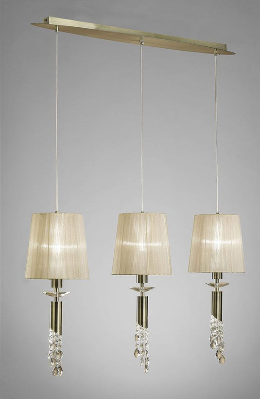 Mantra M3875 Tiffany Pendant 3+3 Light E27+G9 Line, Antique Brass With Soft Bronze Shades & Clear Crystal