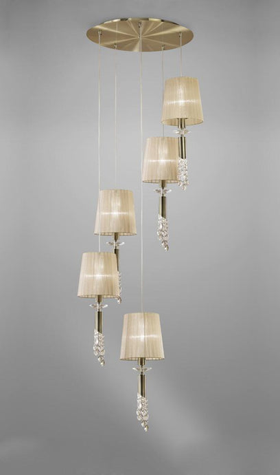 Mantra M3877 Tiffany Pendant 5+5 Light E27+G9 Spiral, Antique Brass With Soft Bronze Shades & Clear Crystal