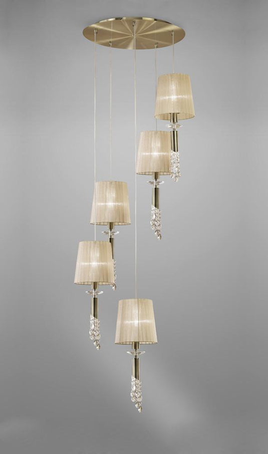Mantra M3877 Tiffany Pendant 5+5 Light E27+G9 Spiral, Antique Brass With Soft Bronze Shades & Clear Crystal