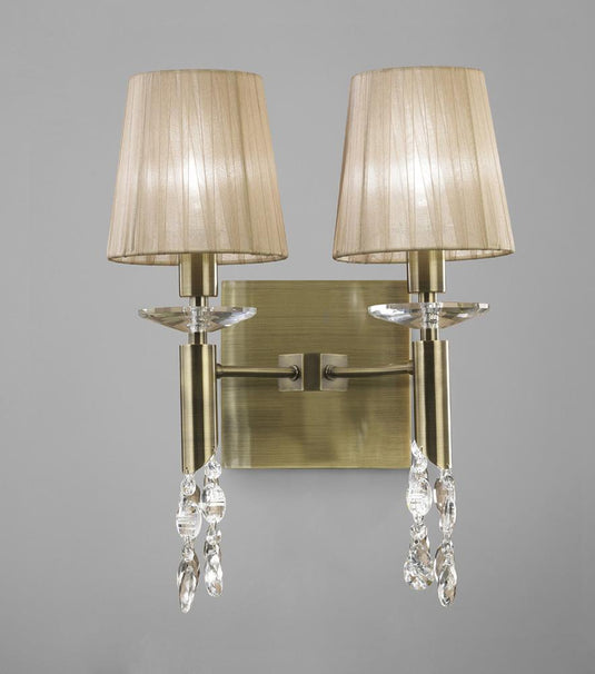 Mantra M3883/S Tiffany Wall Lamp Switched 2+2 Light E14+G9, Antique Brass With Soft Bronze Shades & Clear Crystal