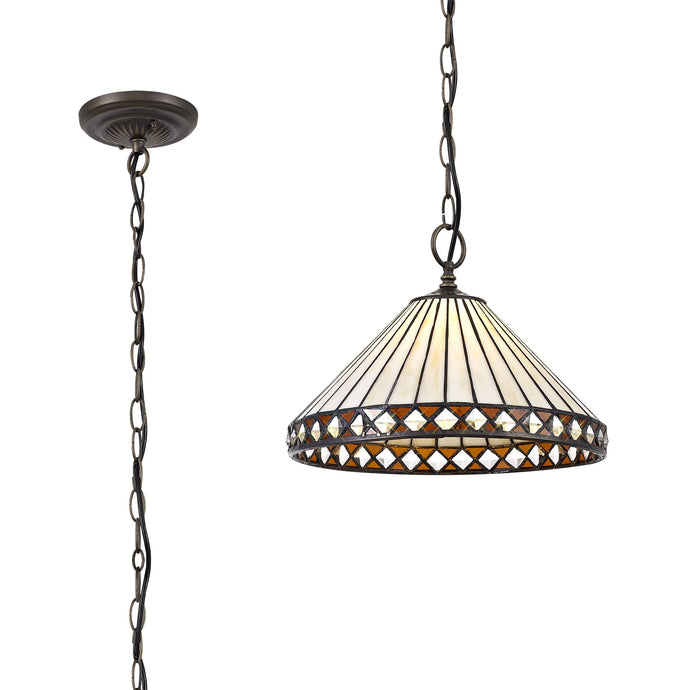 C-Lighting Westbrook 1 Light Downlighter Pendant E27 With 30cm Tiffany Shade, Amber/Cmurston/Crystal/Aged Antique Brass - 29621