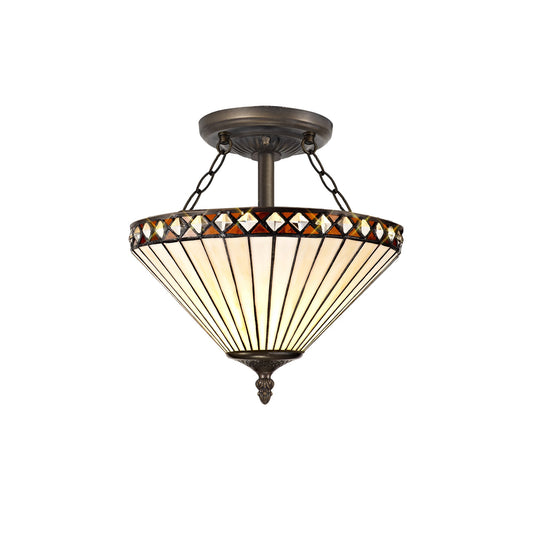 C-Lighting Westbrook 2 Light Semi Ceiling E27 With 30cm Tiffany Shade, Amber/Cmurston/Crystal/Aged Antique Brass - 29624